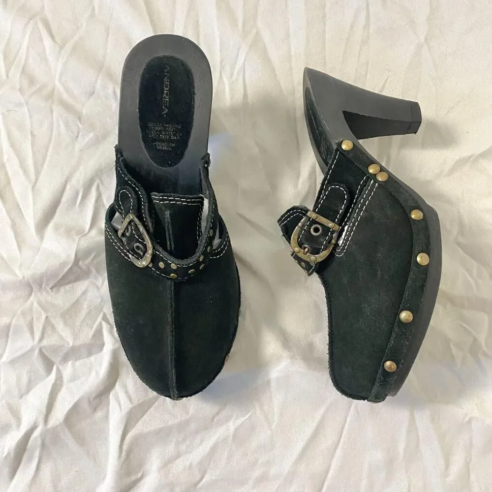Andres Genuine Leather Black Boho Witchy Brassy Gold Studded Suede Clogs US 8.5 - Picture 2 of 8